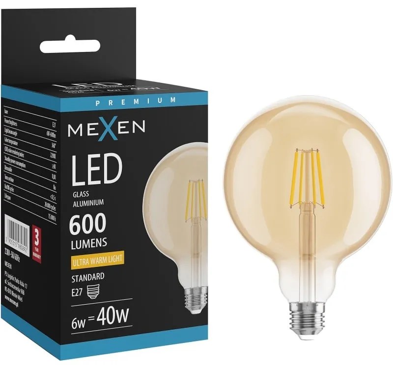 Mexen Vintis żarówka filament LED E27, G125, 6W, Ciepła - 2200K, 600 lm, amber - L158-E27-0622-50