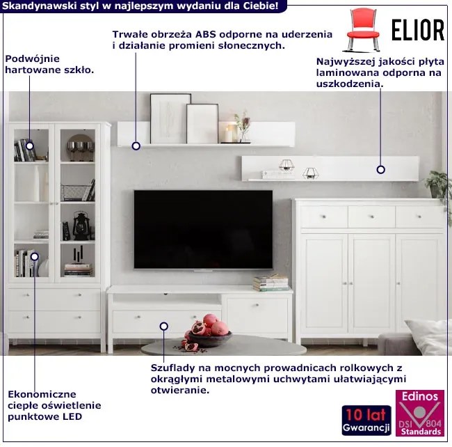 Biały zestaw mebli z witryną do salonu T7-B04