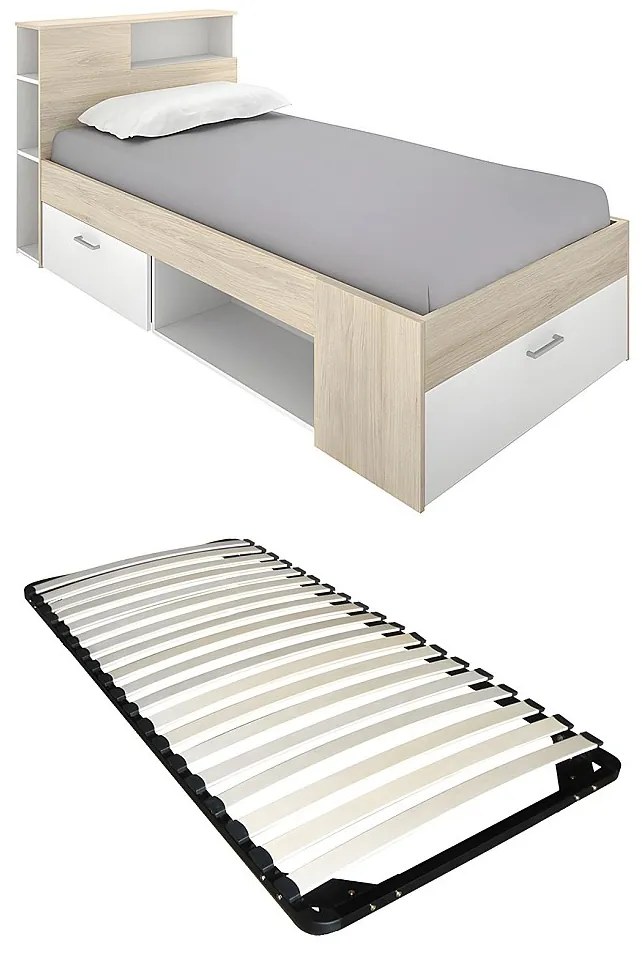 Łóżko z zagłówkiem,  ze skrzynią i szufladą - 90 x 190 cm - Biały i naturalny + stelaż - LEANDRE