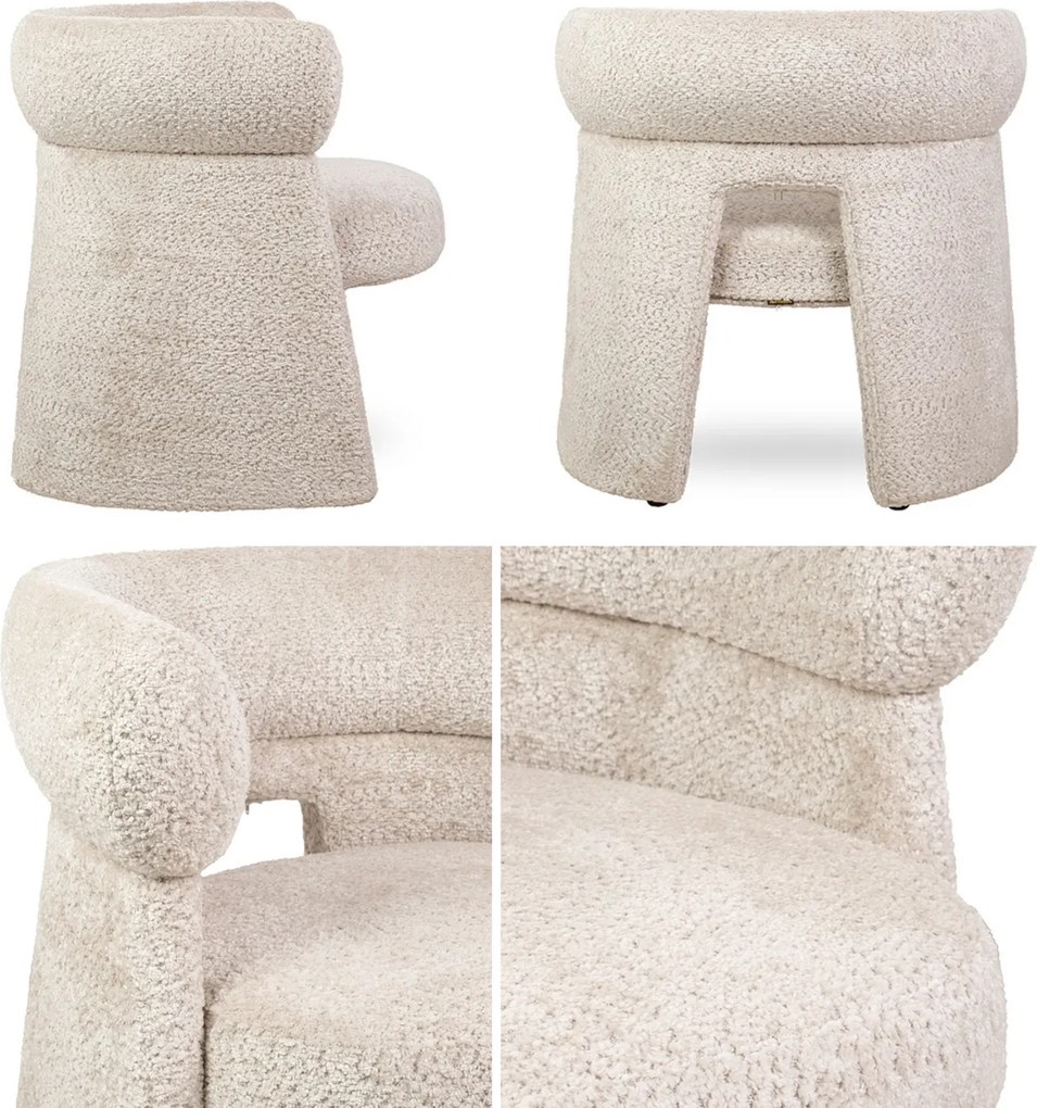 Designerski fotel do salonu Madame, beżowa tkanina szenilowa