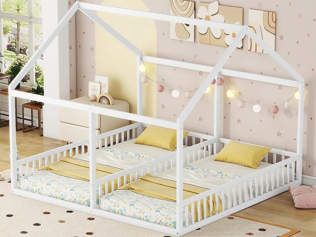 Łóżko dwuosobowe kabinowe - 2 x 90 x 200 cm - drewno sosnowe + MDF - kolor biały