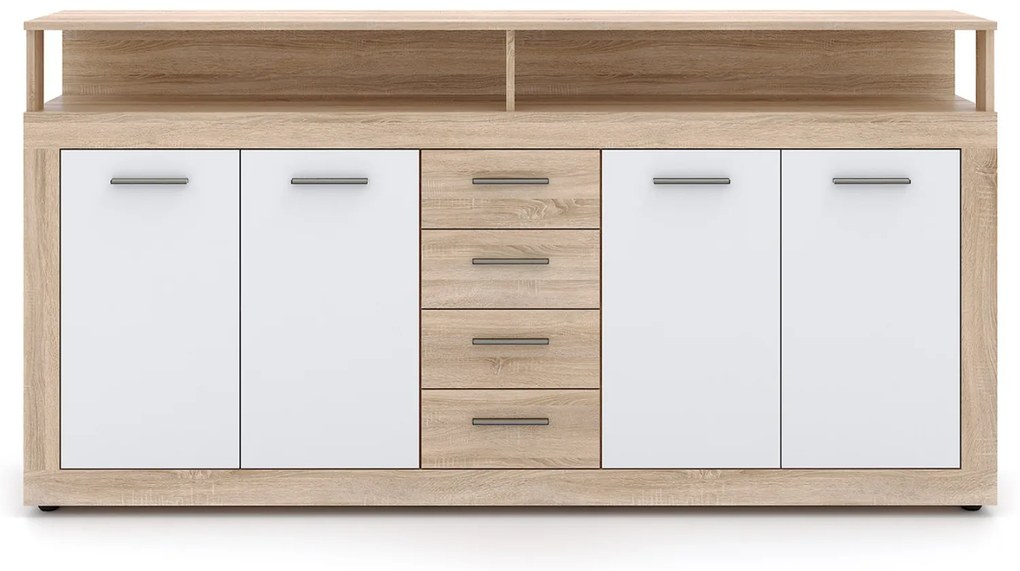Komoda Czterodrzwiowa z Szufladami BLAGO 190 cm Dąb Sonoma/Biała Nowoczesna