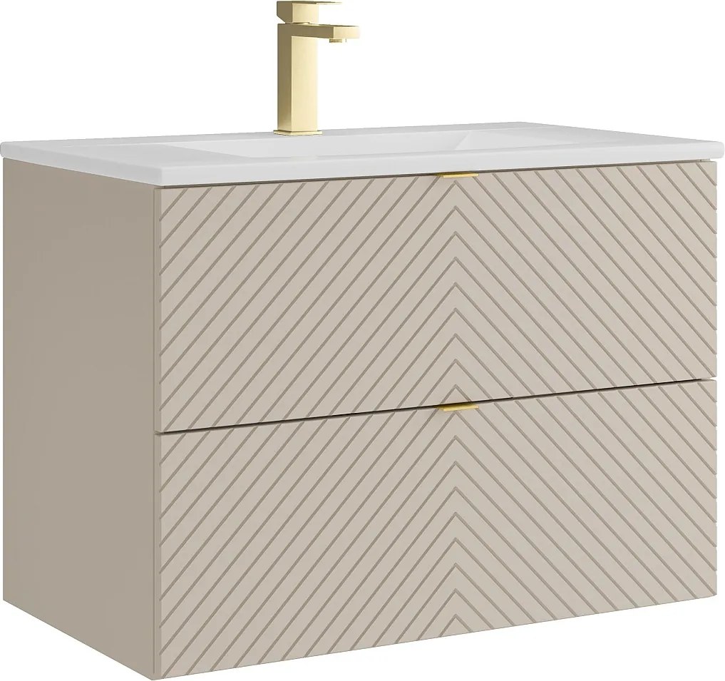 Wisząca szafka łazienkowa z wpuszczaną umywalką i baterią – beż – 80 cm – DORIONI