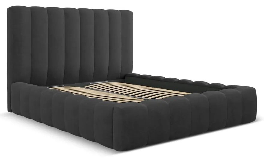 Antracytowe tapicerowane łóżko dwuosobowe ze schowkiem i stelażem 200x200 cm Kelp – Micadoni Home