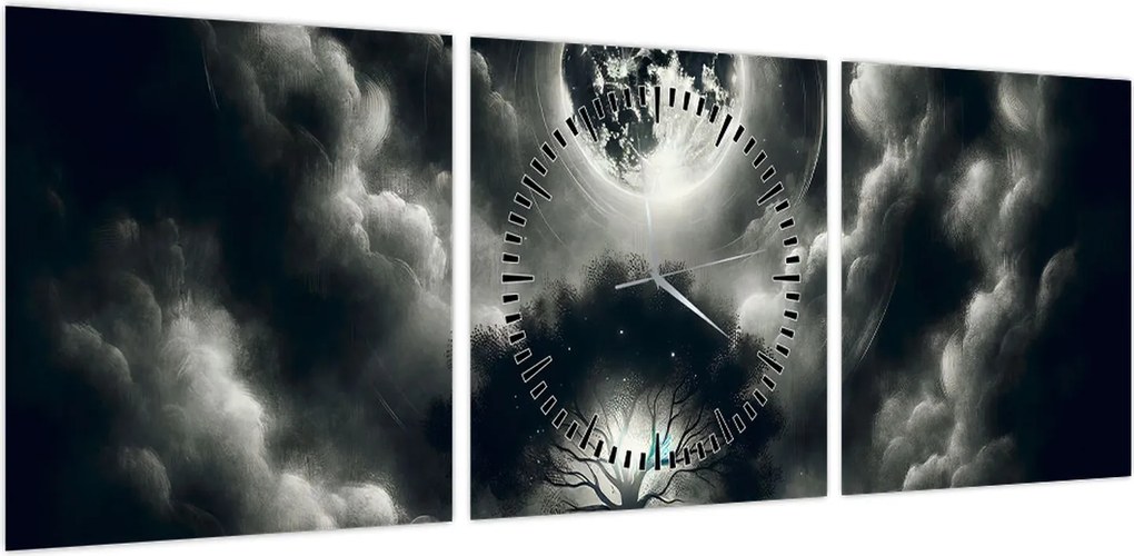 Obraz – Czarno-białe drzewo w pełni księżyca (z zegarem) (90x30 cm)