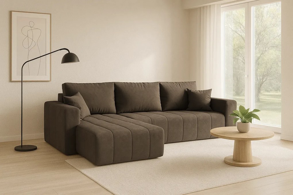 Brązowy welurowy narożnik L z funkcją spania P1-M59