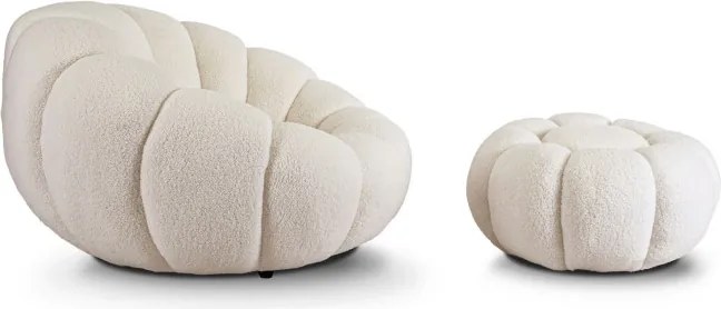 Fotel Wypoczynkowy Obrotowy PETTIT Kremowy z Pufą w Tkaninie Teddy Boucle