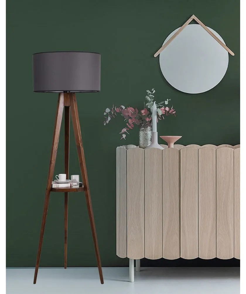 Czarna/brązowa lampa stojąca z półką z tekstylnym kloszem (wysokość 154 cm) Sehbali Tripod – Opviq lights