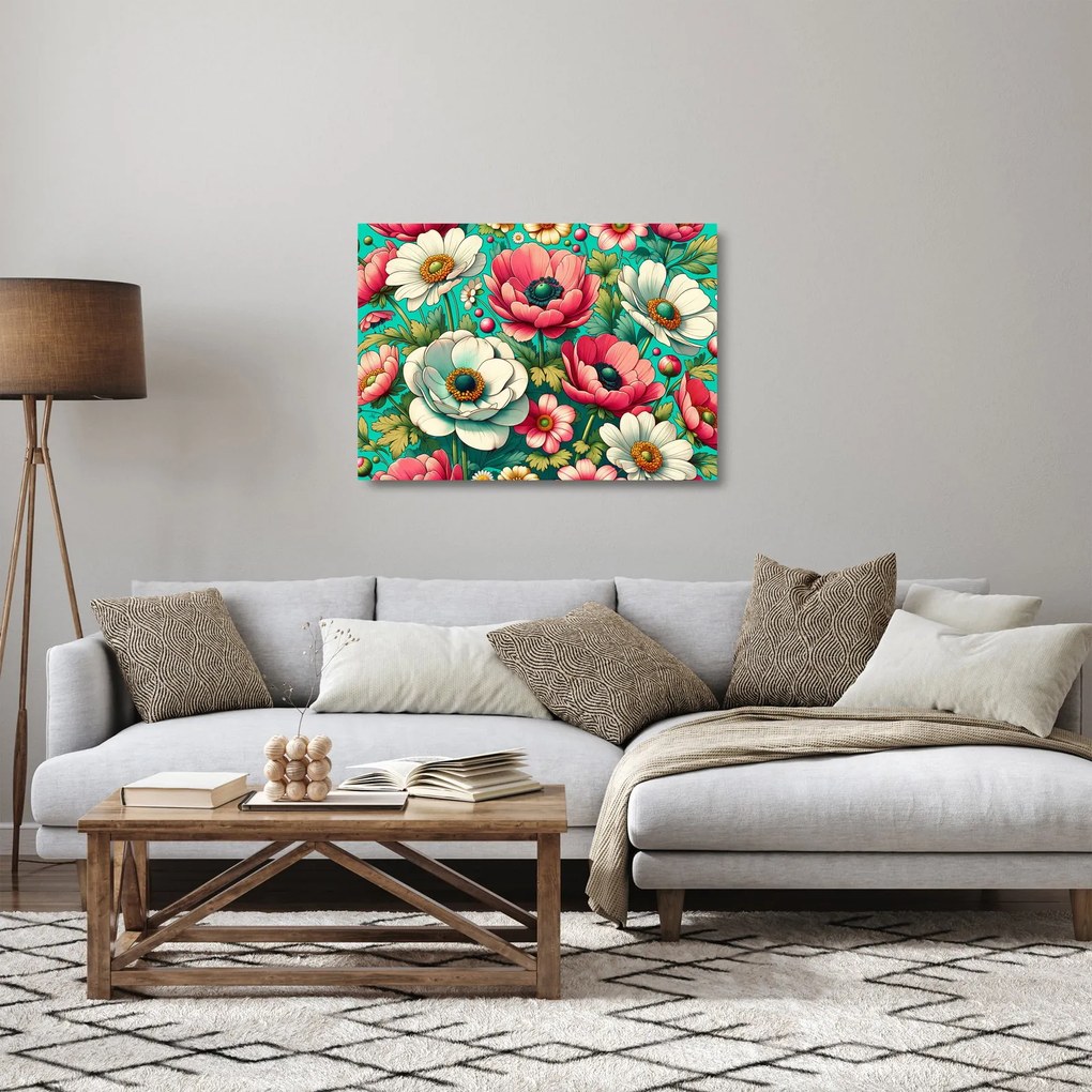 Obraz na szkle - Kwiaty na niebieskim tle (70x50 cm)