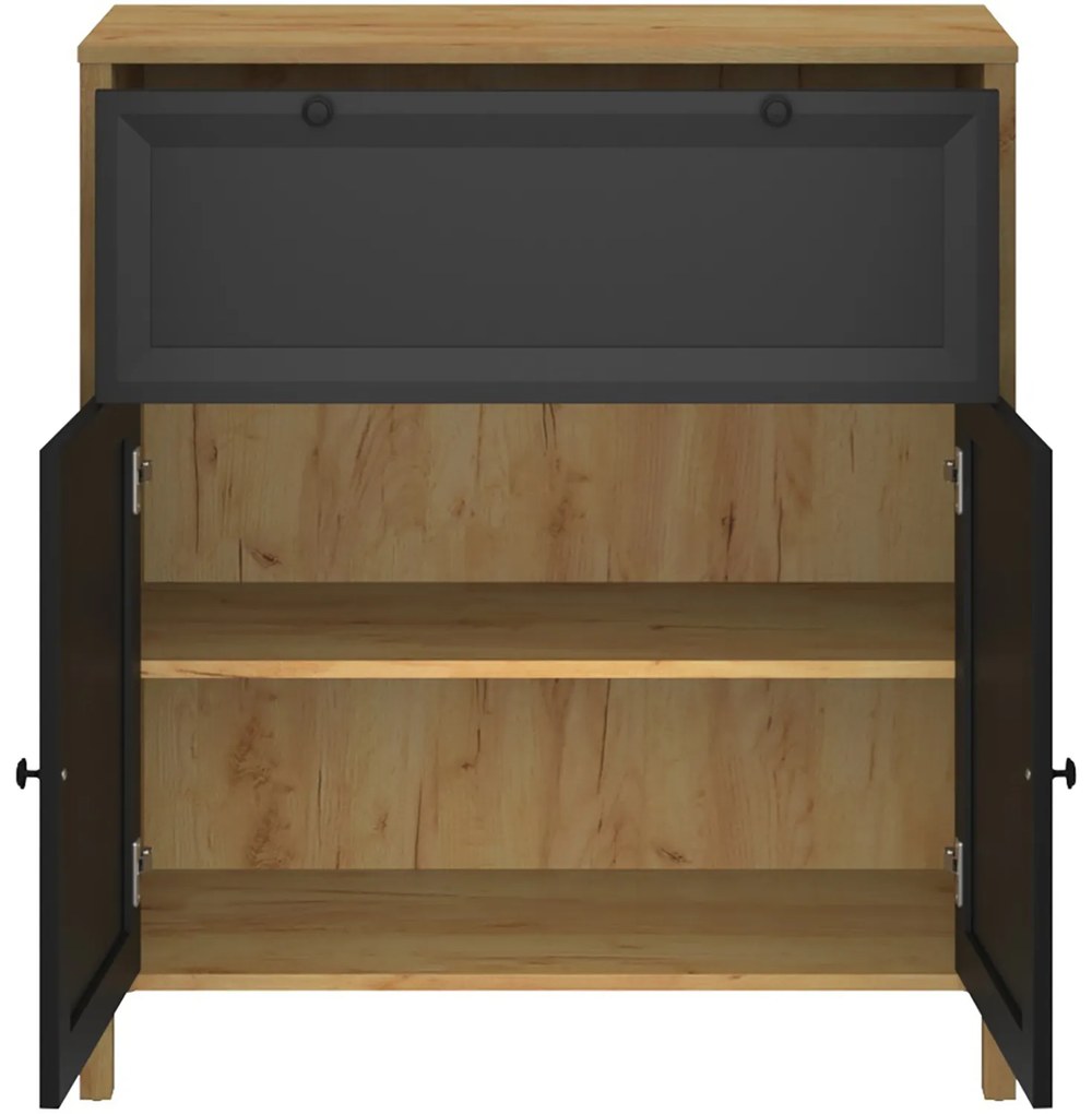 Komoda Dwudrzwiowa z Szufladą Drewniana do Salonu NORIA 88 cm Dąb craft złoty/czarny Loft