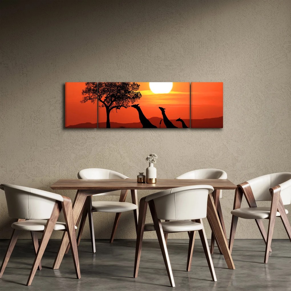 Obraz żyraf o zachodzie słońca (170x50 cm)