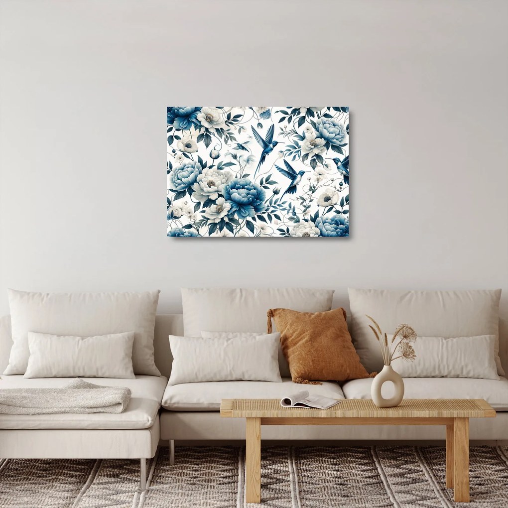 Obraz na szkle - Kolibry z kwiatami (70x50 cm)