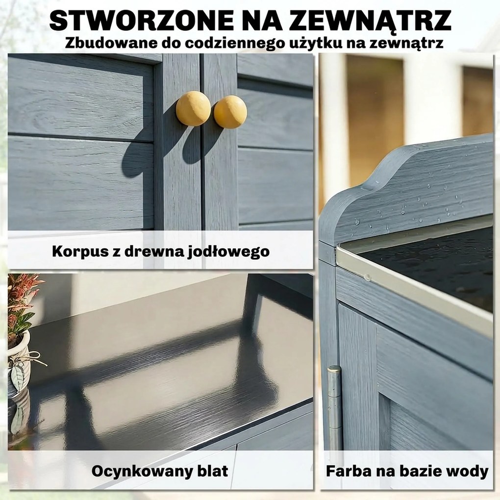 Outsunny Stół do sadzenia z szafką na zewnątrz, drewno, szafka ogrodowa z ocynkowaną powierzchnią roboczą, 2 szuflady, 104x44x140 cm jasnoszary | Aosom PL