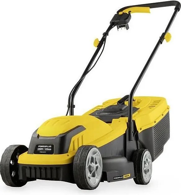 Elektryczna kosiarka POWERPLUS 1000W, 32 cm, kosz 30L, 3 regulowane wysokości, wyrzut tylny, kompaktowa i lekka