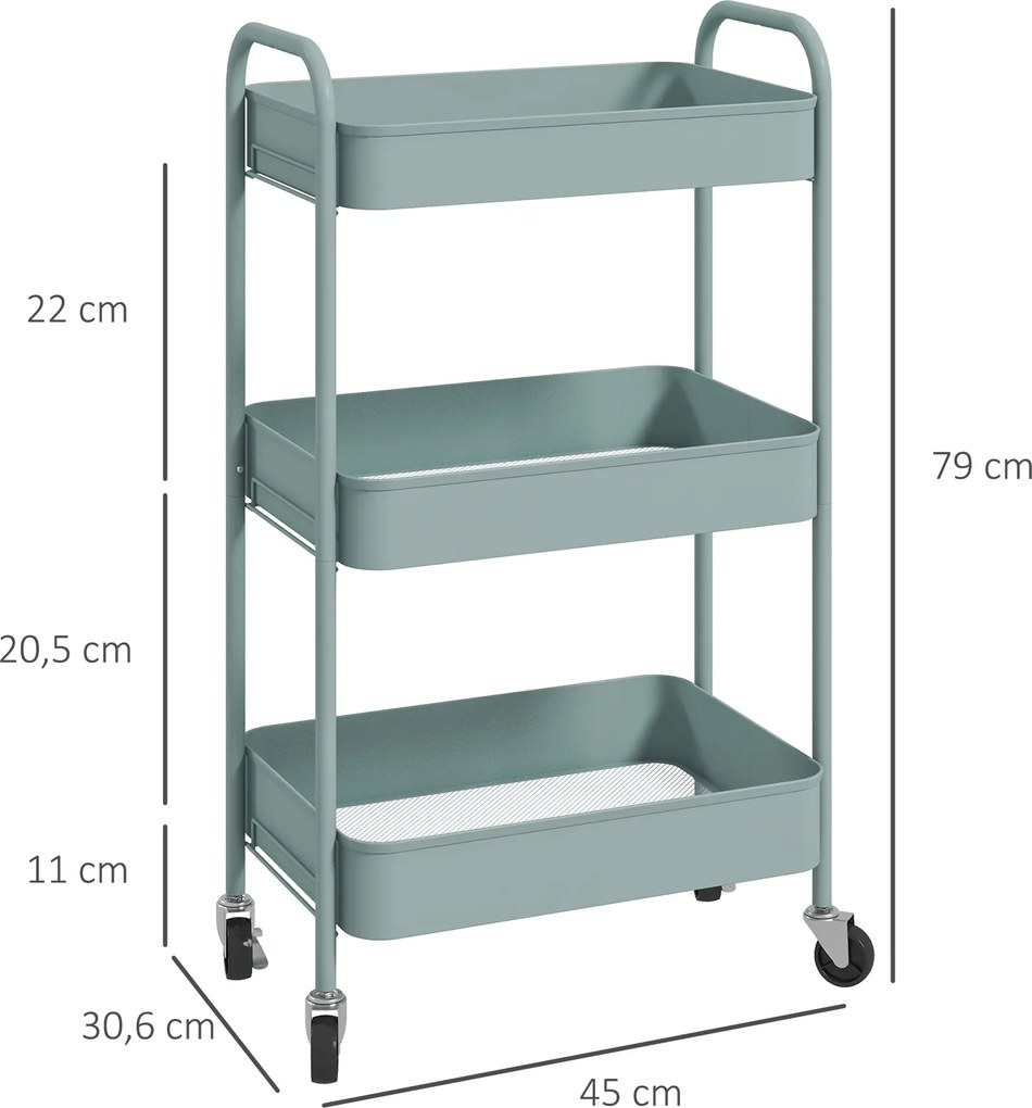 HOMCOM Wielofunkcyjny Wózek Kuchenny, Wózek Pomocniczy, 3 Półki, 4 Kółka, 45 cm x 30,6 cm x 79 cm, Jasnoniebieski