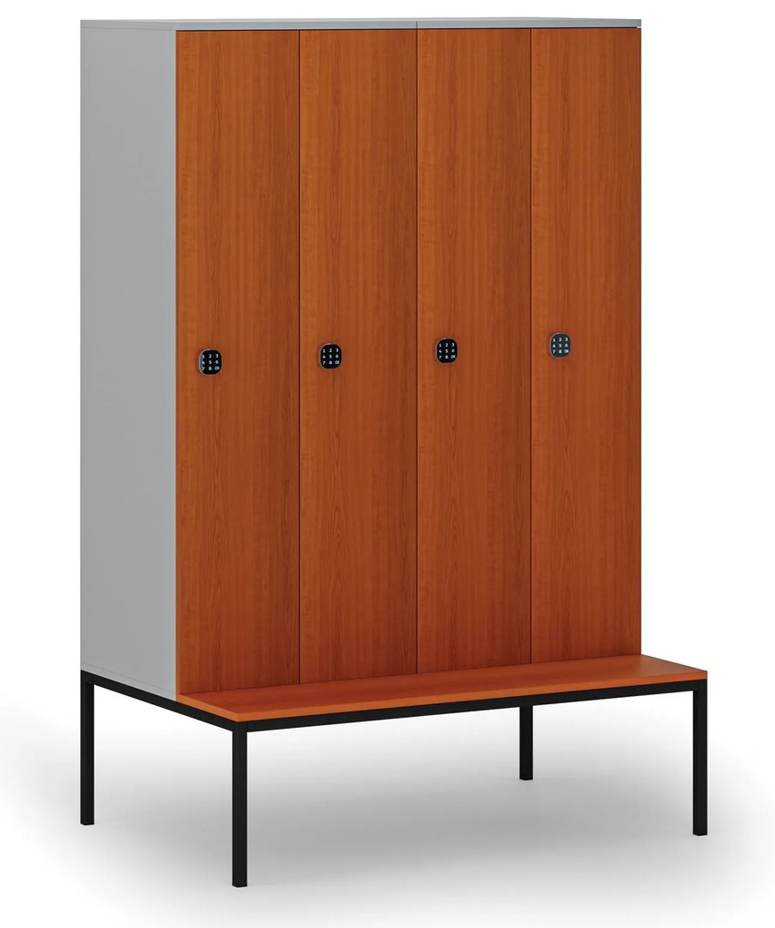 Drewniana szafa ubraniowa S4 z ławką, 4-drzwiowa, 1871 x 1200 x 500/800 mm, demontaż, zamek kodowy, szary/czereśnia