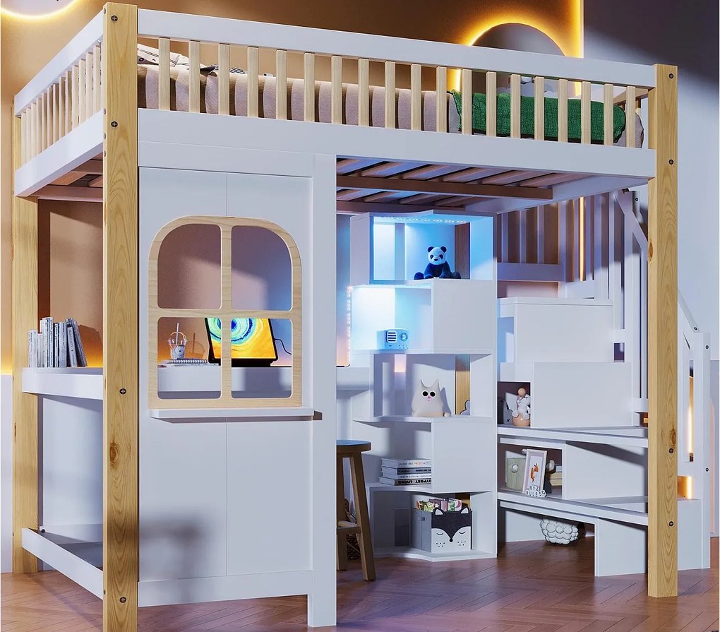 Łóżko na antresoli 140x200 cm - z oświetleniem LED - z drabiną schowkową - z biurkiem + gniazdkiem - kolor biały + naturalny (materac nie jest dołączony)