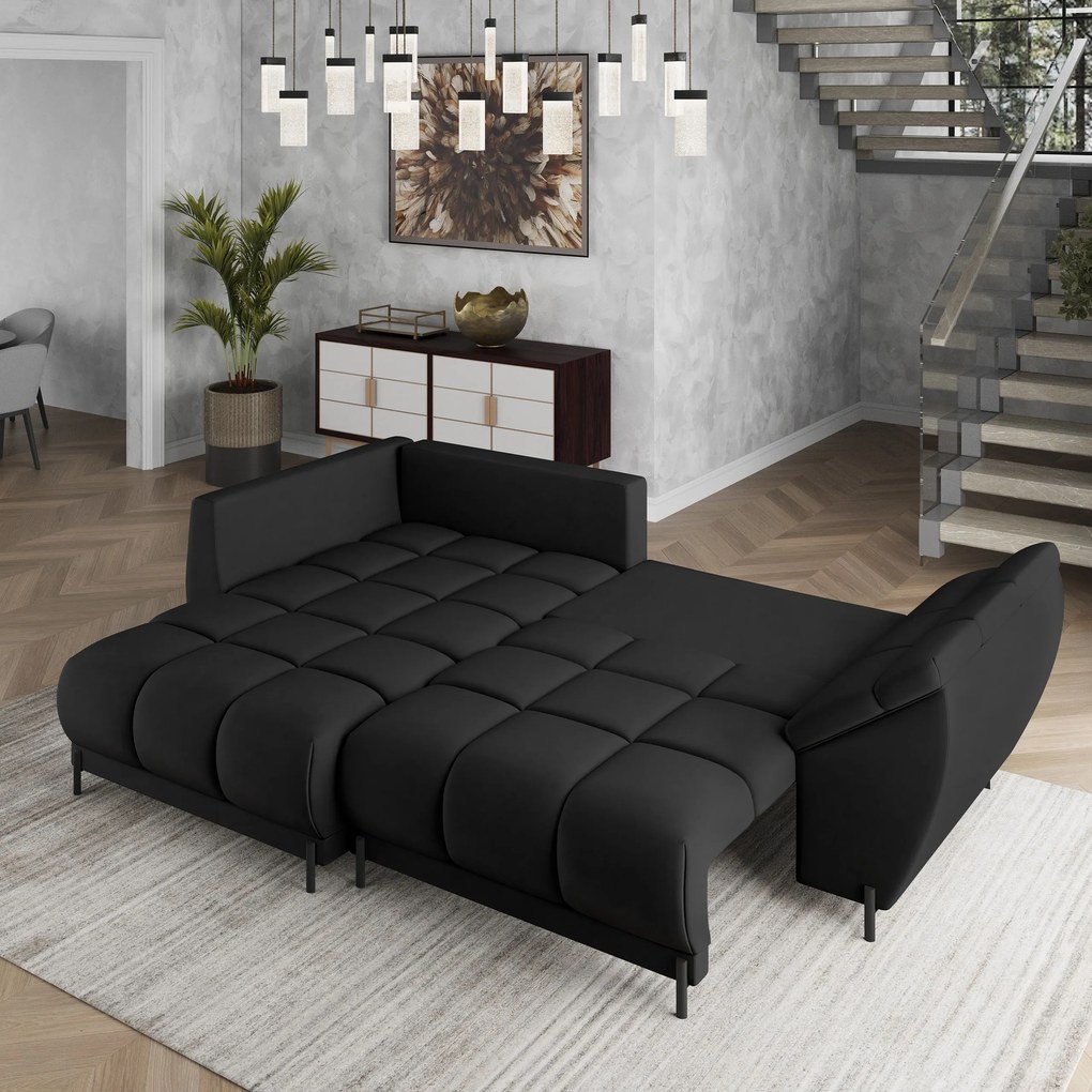 Masseno Narożnik VESTANO z funkcją spania i pojemnikiem na pościel Narozniki L, Rozkładana sofa - Czarny, MATT VELVET 99