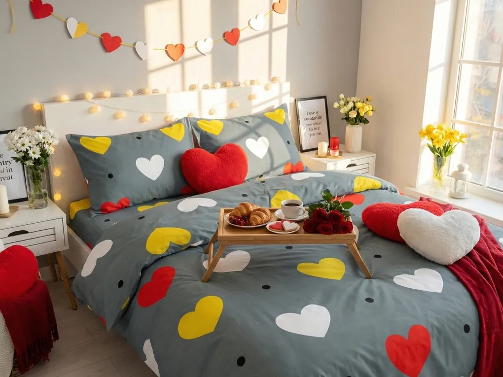 PrzytulneMieszkanie.pl PrzytulneMieszkanie.pl Pościel bawełniana KOLOROWE SERCE szara Rozmiar pościeli: 70 x 90 cm | 140 x 200 cm