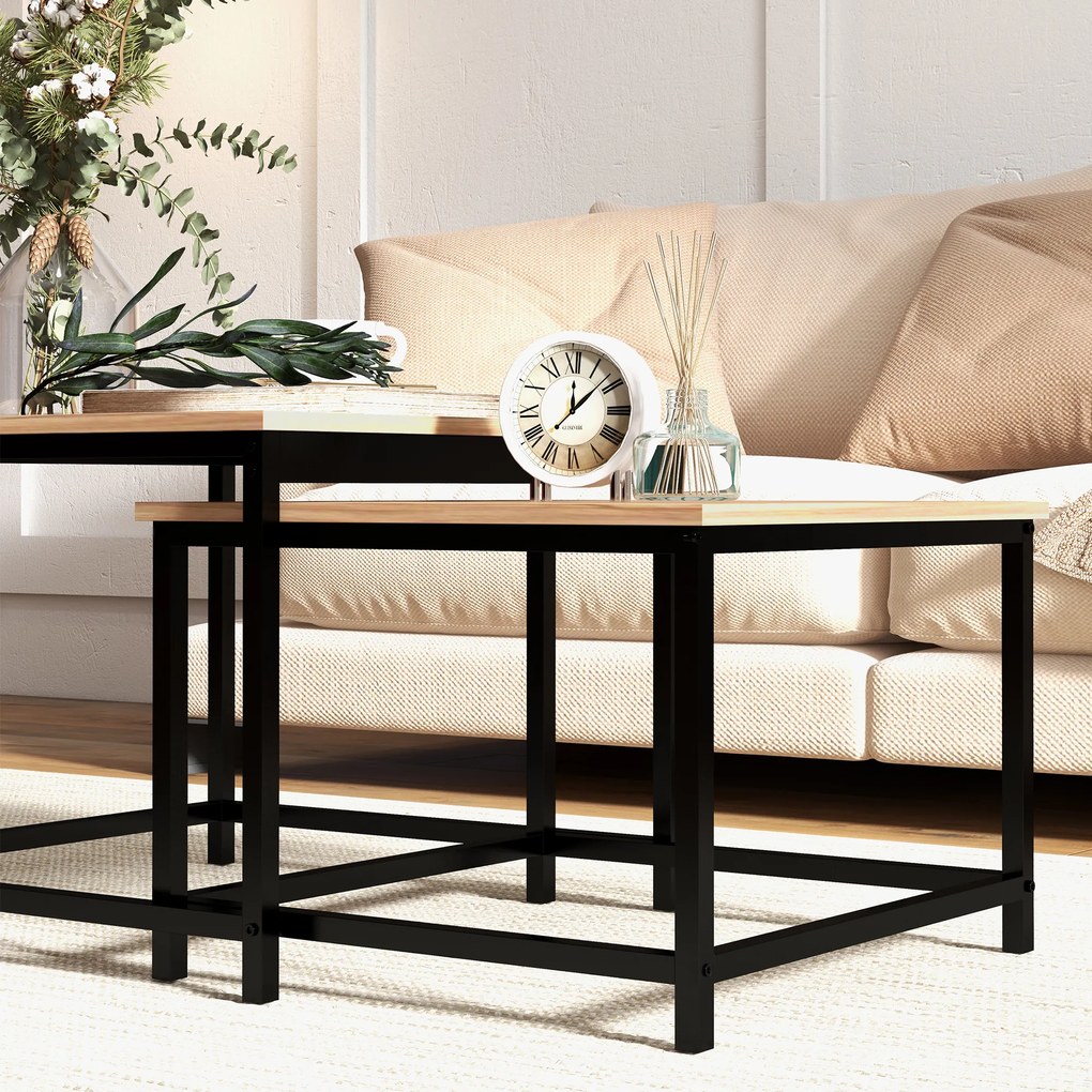 HOMCOM Zestaw 2 stolików kawowych w stylu industrialnym z naturalnym drewnem 60x60x45cm Stylowy i funkcjonalny | Aosom PL