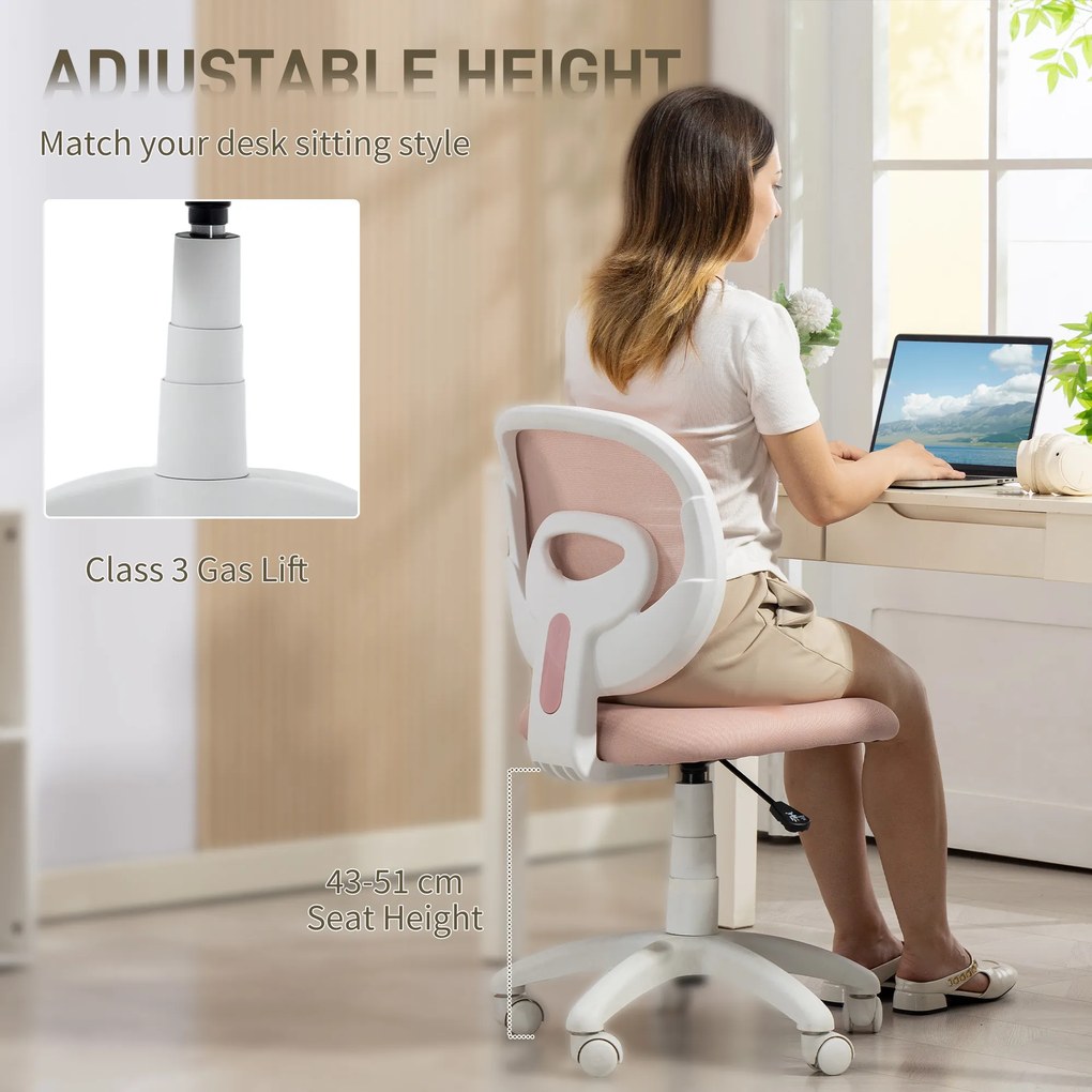 HOMCOM Krzesło biurowe ergonomiczne z C-kształtnym oparciem, regulowana wysokość, różowe