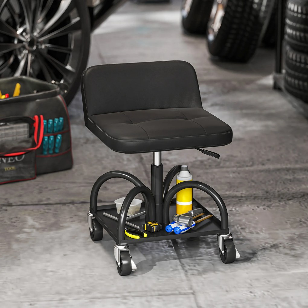 HOMCOM Obrotowy Taboret Warsztatowy z Miejscem na Narzędzia, Wysokość 58,5 cm, Udźwignie do 135 kg - Czarny