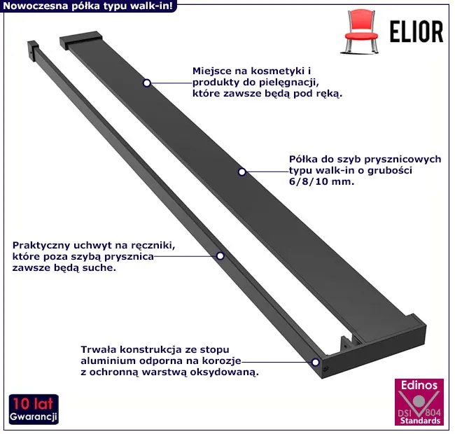 Czarna półka do kabiny prysznicowej 118 cm - Asla 7X