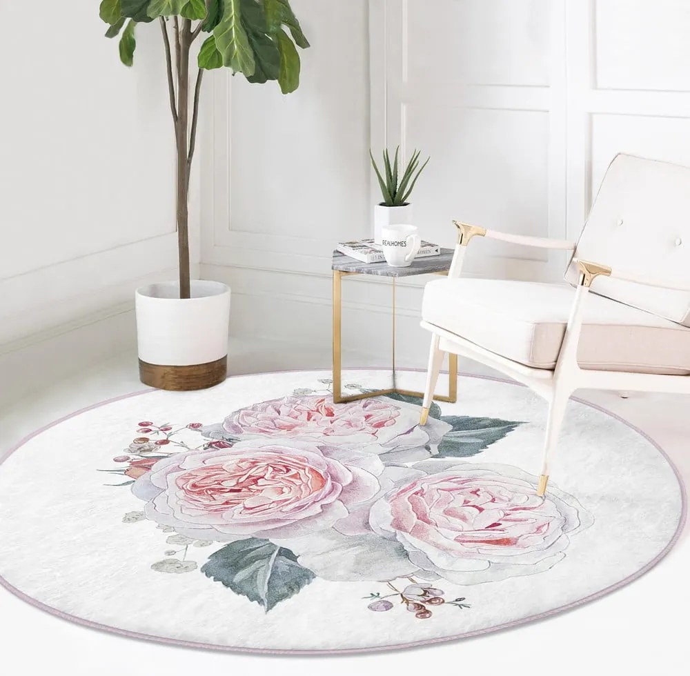 Biało-różowy okrągły dywan odpowiedni do prania i robotów sprzątających ø 120 cm Comfort – Mila Home