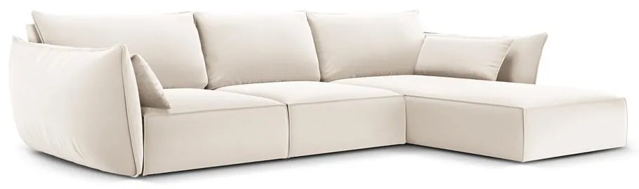 Beżowy aksamitny narożnik (prawostronny/z szezlongiem) Vanda – Mazzini Sofas