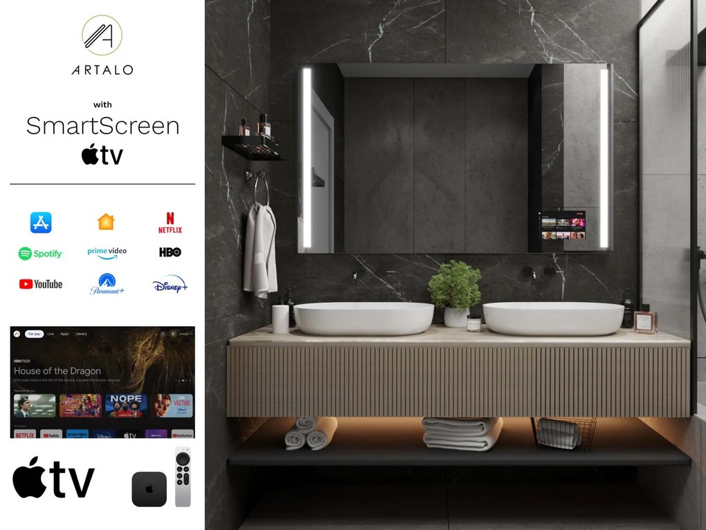 SMART LED lustro do łazienki z oświetleniem M4 premium + SmartScreen with Apple TV