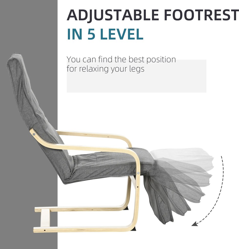 HOMCOM Fotel Akcentowy, Fotel Relaksacyjny z Regulowaną Podnóżką, Ramą z Drewna Brzozowego, do 120 kg, 66,5 x 94 x 100 cm, Szary