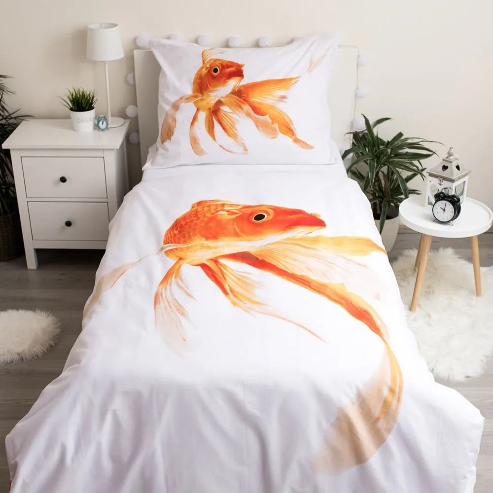 Biało-pomarańczowa bawełniana pościel dziecięca jednoosobowa 140x200 cm Goldfish – Jerry Fabrics