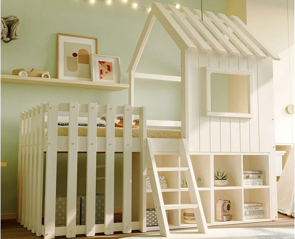Łóżko domek dziecięce 90x200 cm - z daszkiem + okienkiem - z drabinką 2-stopniową i półeczkami - białe