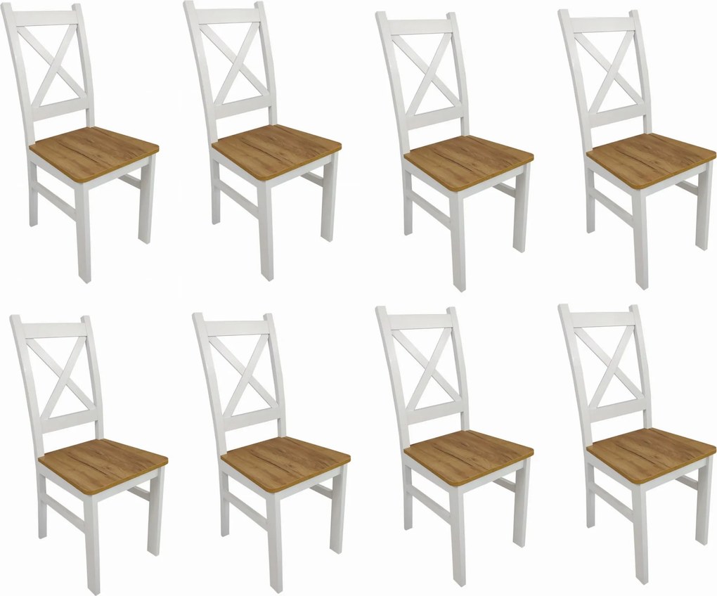8x Krzesło drewniane Krzyżak Biały dąb craft LOFT białe nogi