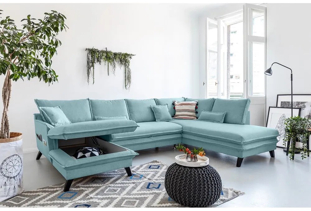 Jasnoniebieska rozkładana sofa w kształcie litery "U" Miuform Charming Charlie, prawostronna