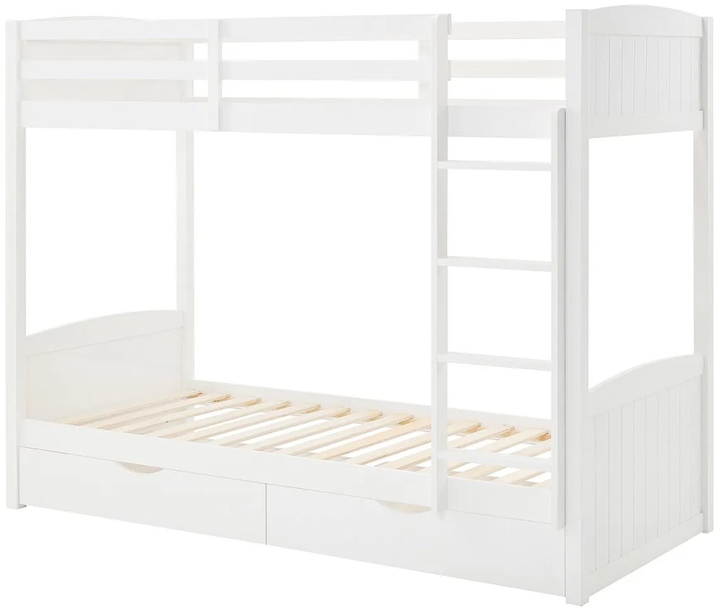 Łóżko piętrowe 2 x 90 x 200 cm - 2 szuflady - Drewno sosnowe i MDF - Biały + Materac - LIMODARA