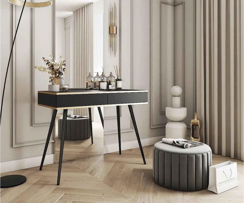 Toaletka 102x80x50 cm, czarna, 2 szuflady, gładki front, odporna na zarysowania, czarne metalowe nogi, Push-to-Open