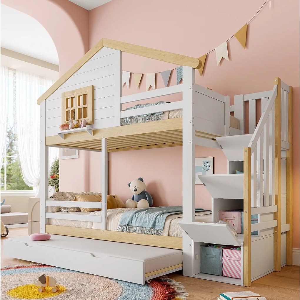 Łóżko piętrowe dla dzieci - 2 x 90 x 200 cm - z łóżkiem wysuwanym 90 x 190 cm - drabinka do przechowywania - płyta MDF - białe