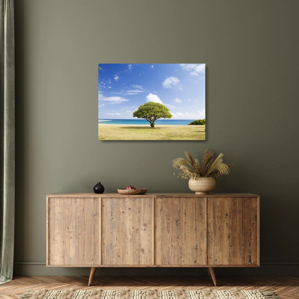 Obraz na szkle - plaża z drzewem (70x50 cm)