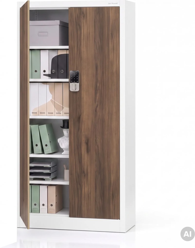 Szafa biurowa metalowa z zamkiem na szyfr biała/orzech, 900x1850x400 mm: DANIEL Eco Design