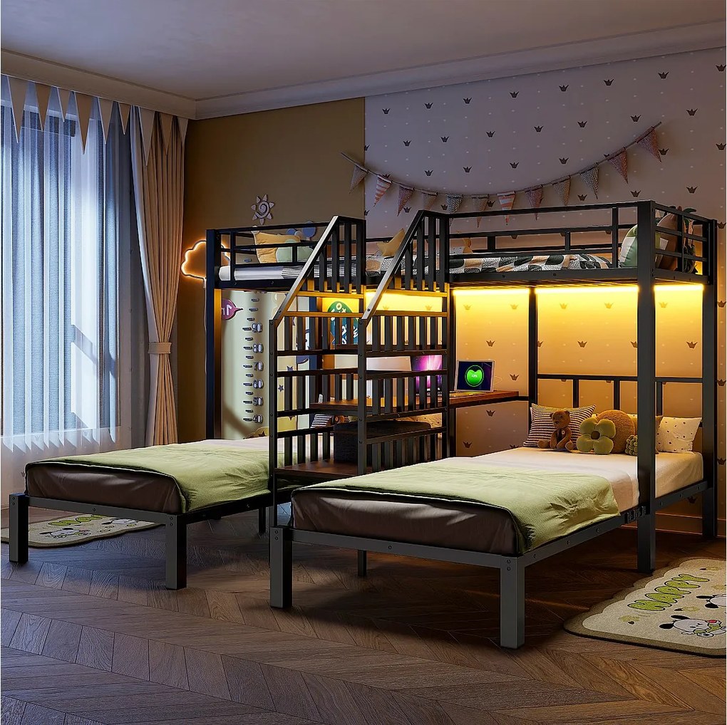 Łóżko piętrowe dla 3 osób - 3 x 90 x 200 cm - z diodami LED + 2 porty USB + gniazdko elektryczne + biurko + drabinka - metalowe - czarne