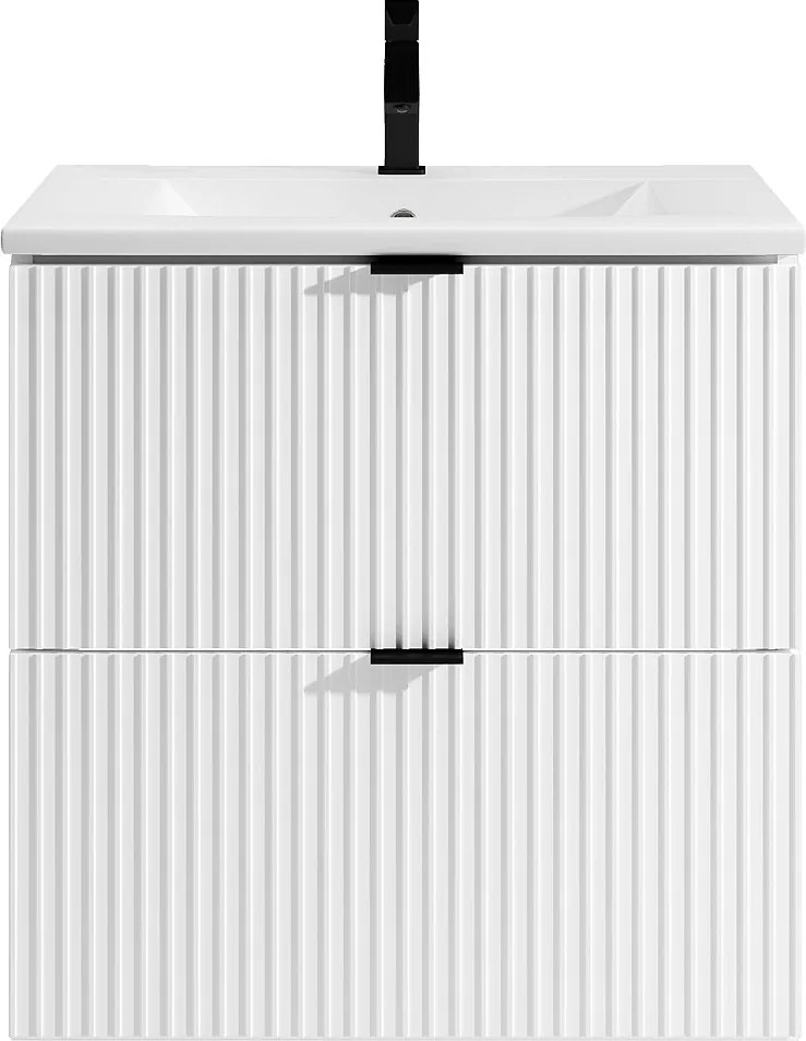 Szafka łazienkowa wisząca w paski z umywalką do zabudowy – biała matowa – 60 cm – ZEVINI