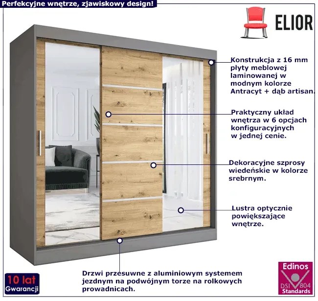 Szafa przesuwna 200 cm antracyt + dąb artisan D8-B76