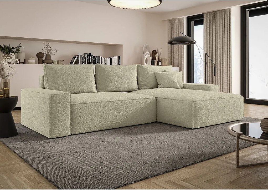 NAROŻNIK MONA z funkcją spania QUELLE 06 Beżowy Prawy Sofa w kształcie L z pojemnikiem na pościel, sofa rozkładana, sofa do salonu
