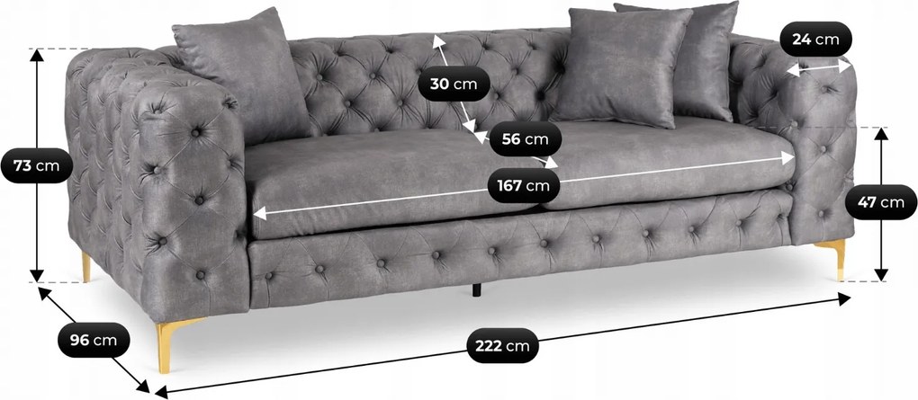 Sofa SORRENTO 3S Trzyosobowa Szara Welurowa Nowoczesna Glamour
