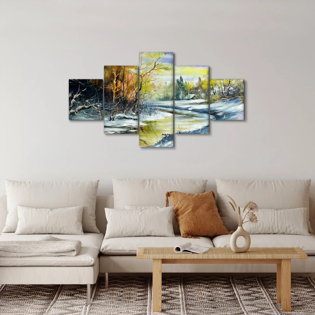 Obraz zimowej rzeki, obraz olejny (125x70 cm)