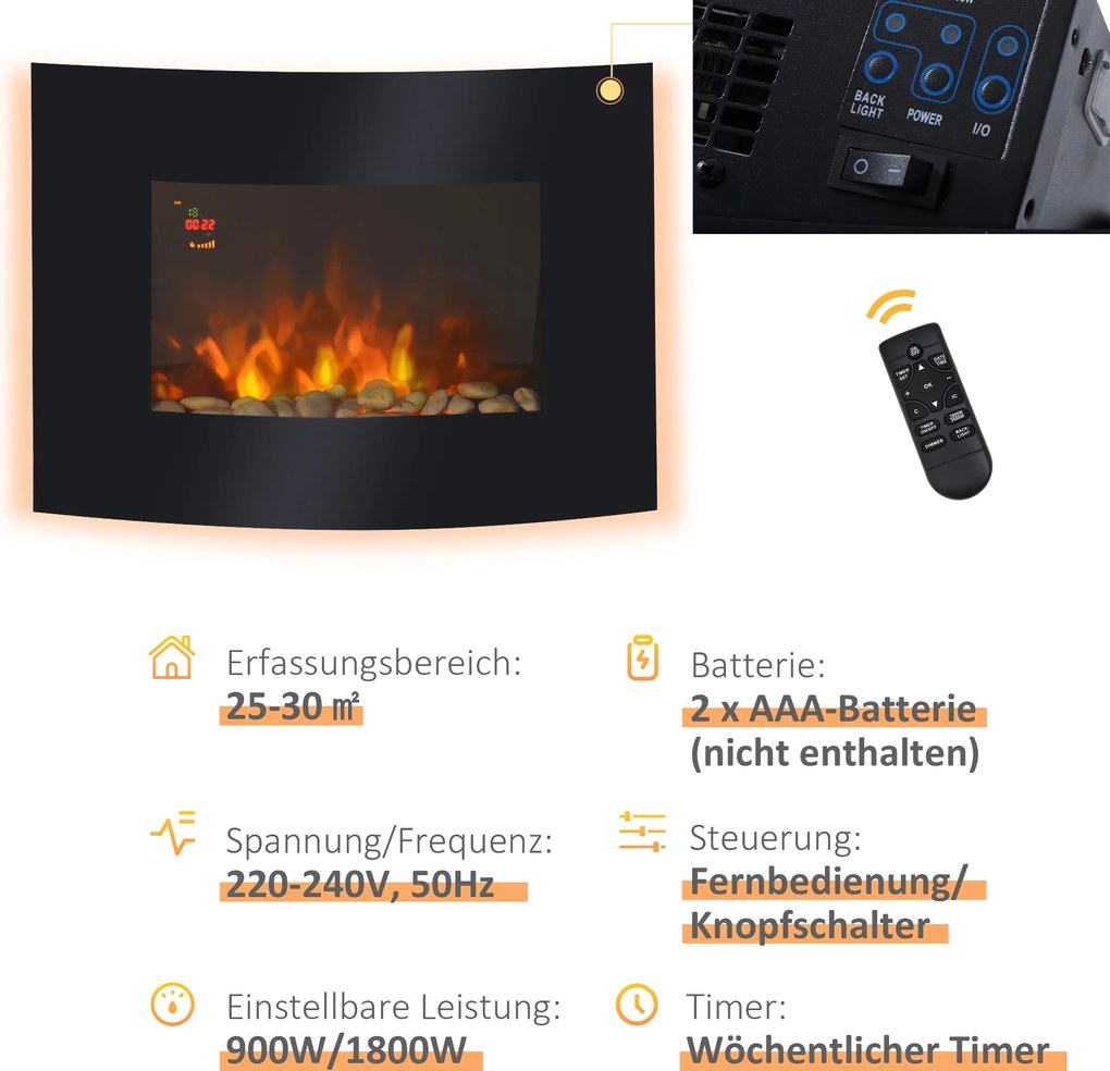 Homcom Kominek Elektryczny Led Ścienny 900/1800 W Czarny