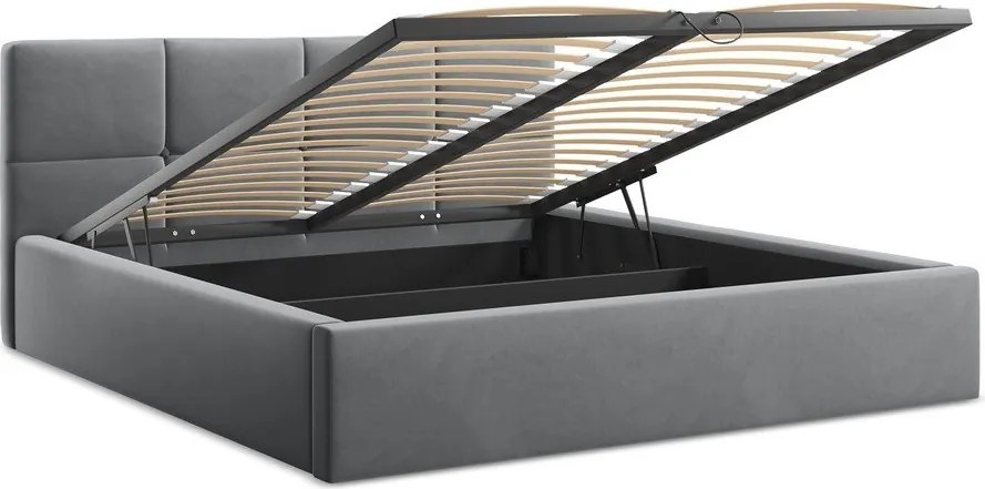 Ciemnoszare aksamitne tapicerowane łóżko dwuosobowe ze schowkiem ze stelażem 140x200 cm Hiko – Makamii