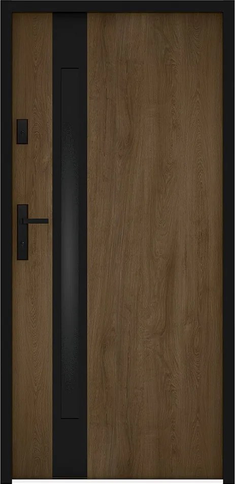 Drzwi wejściowe stalowe pełne i inox wys. 207 x szer. 100 cm - szkło dymione - efekt orzecha i czarny - grubość 55 mm - otwieranie prawostronne - BRAGA