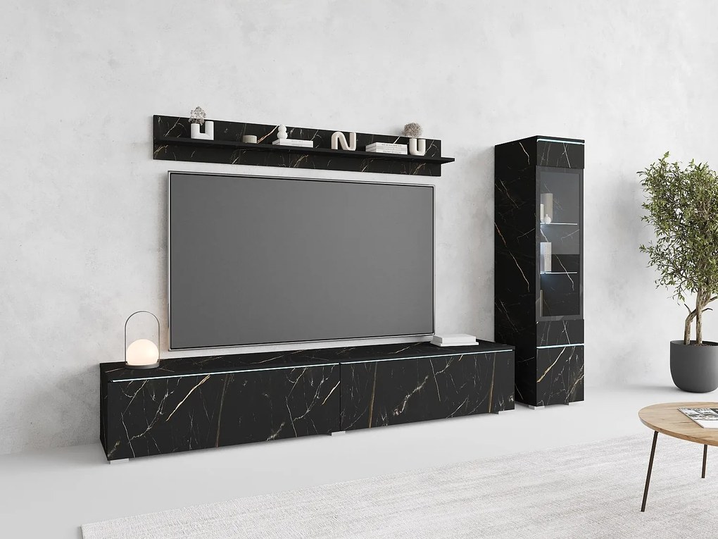 Zestaw mebli do salonu 3 elementy z LED – szafka RTV 180 cm witryna i półka, meblościanka stojąca lub wisząca, Marmurowy mat